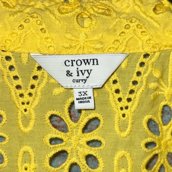 Crown & Ivy Eyelet Blouse 3X Peasant Top Look Yellow Pom-Poms Flutter Sleeves - Picture 3 of 10
